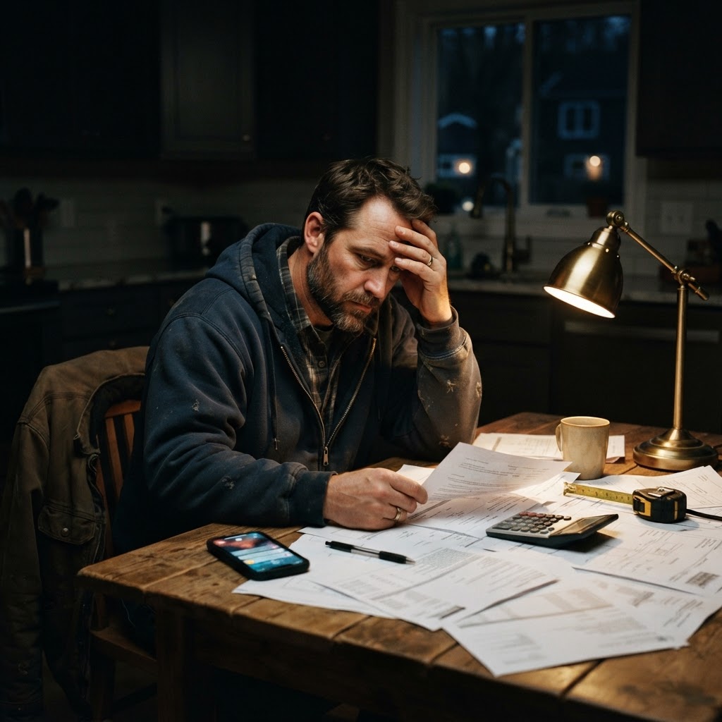 Contractor working late over paperwork