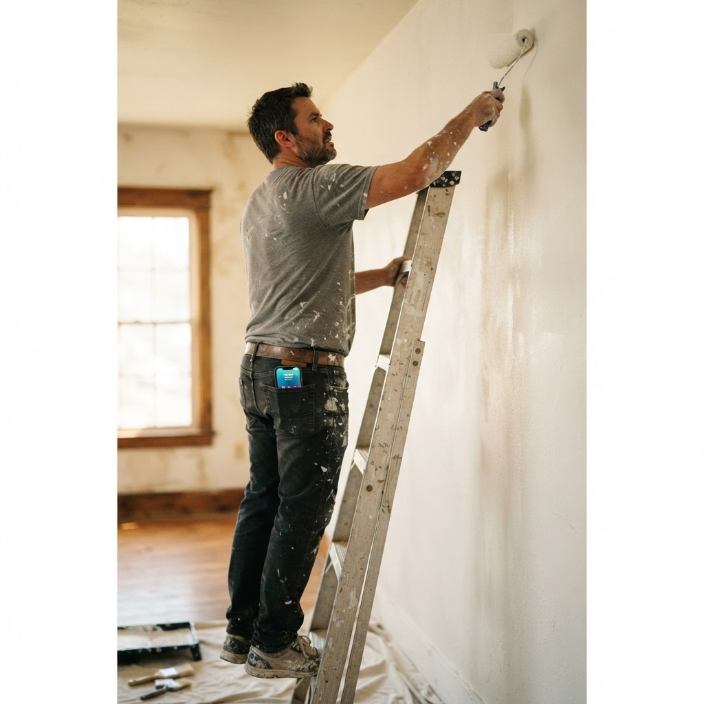 Painter on a ladder, phone ringing out of reach