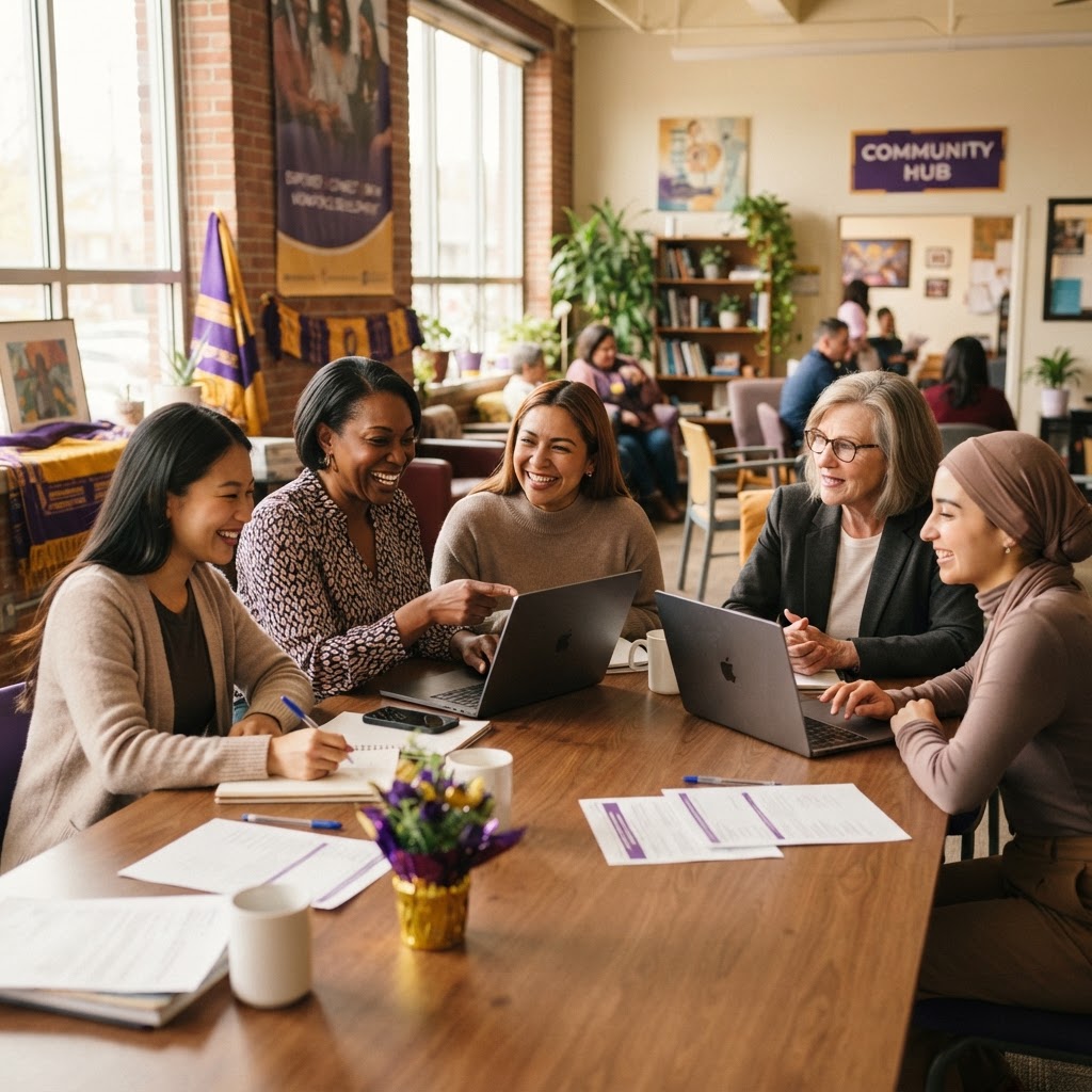 Women learning technology skills together