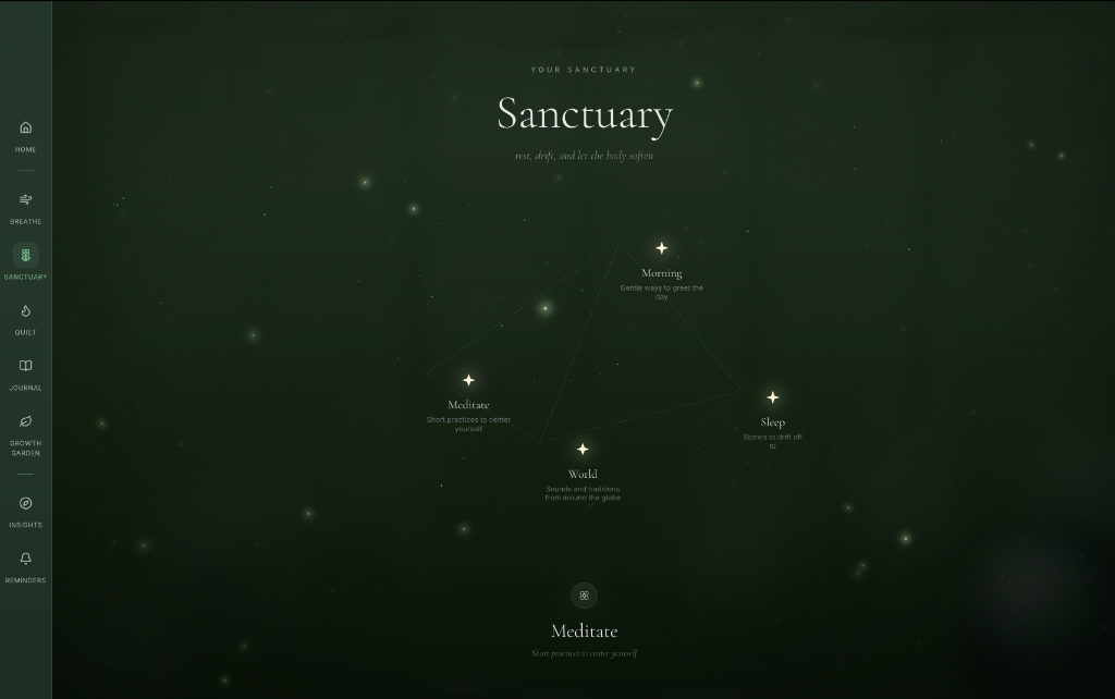 Sanctuary screen with starry constellation of Morning, Meditate, Sleep, and World