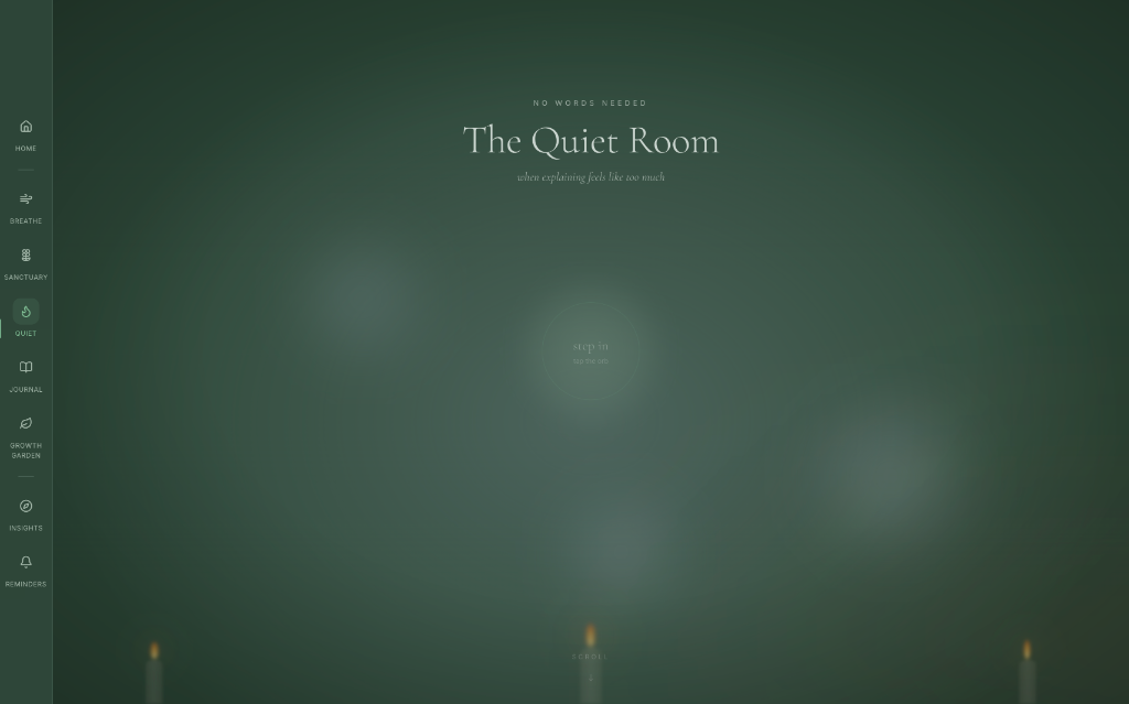 The Quiet Room with step-in prompt and candle accents