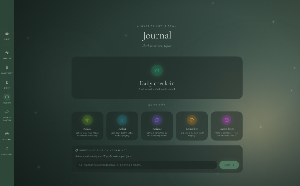 Journal page with daily check-in card and writing mode buttons for release, reflect, reframe, remember, and unsent letters