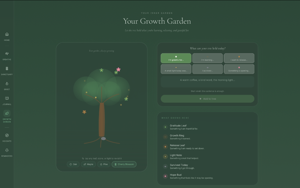 Growth Garden with tree visualization and reflection input panel