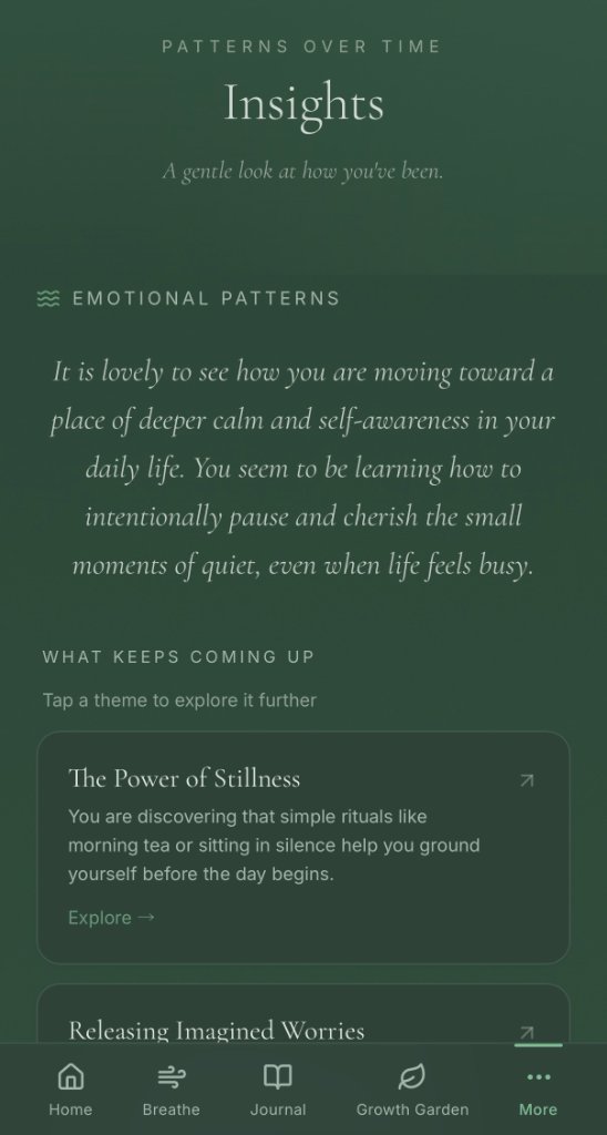 Insights page showing emotional patterns and recurring themes with reflective, non-diagnostic language