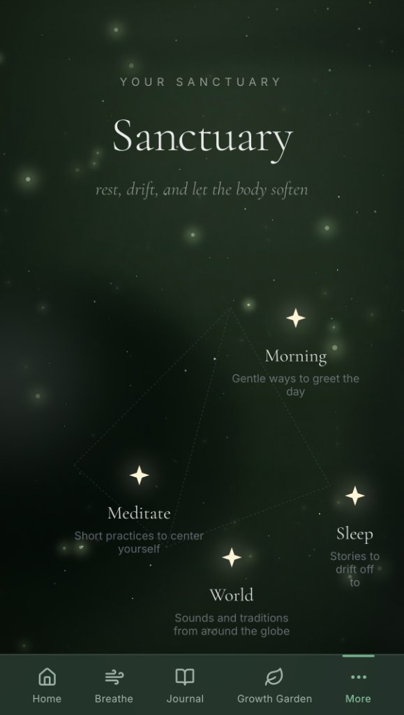 Sanctuary screen with constellation of guided practices: Morning, Meditate, Sleep, and World