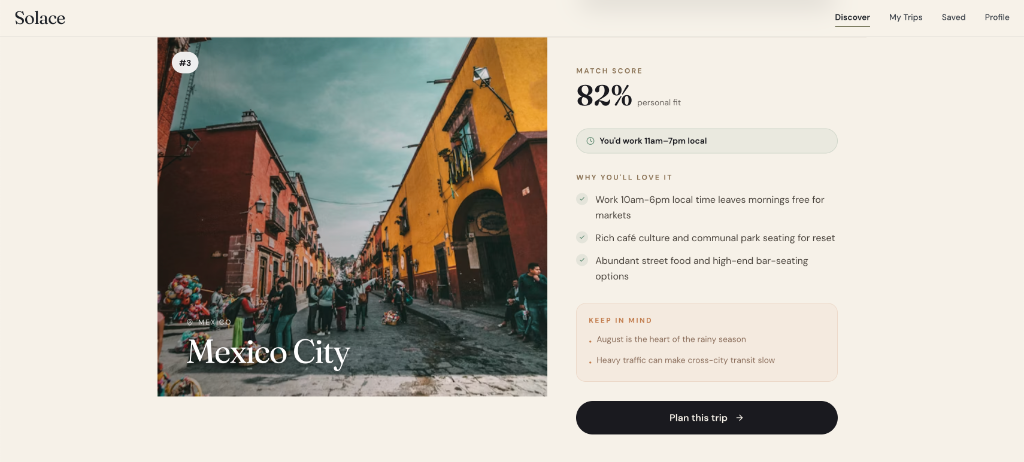 Your perfect cities page showing a best-match card with match score, work hours, reasons to love it, and things to keep in mind