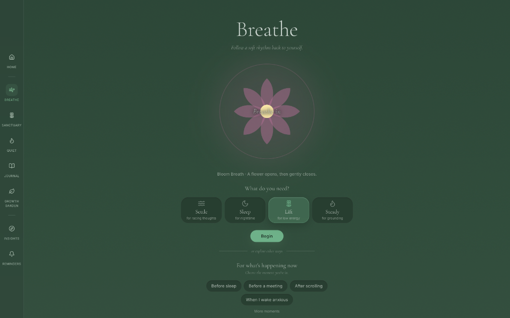 Breathe page with Bloom Breath flower animation and need-based selection