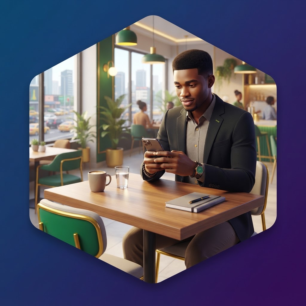A young Nigerian entrepreneur working on a smartphone in a modern cafe