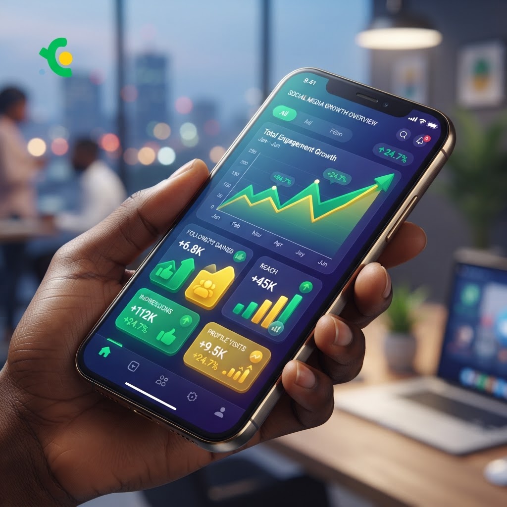 Digital marketing dashboard showing growth metrics on a smartphone