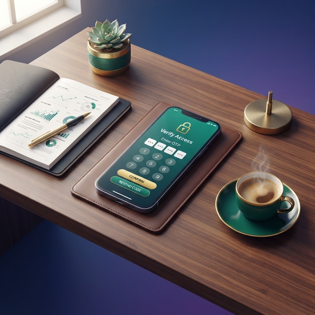 Minimal tech workspace showcasing clean smartphone dashboard and security verification screens
