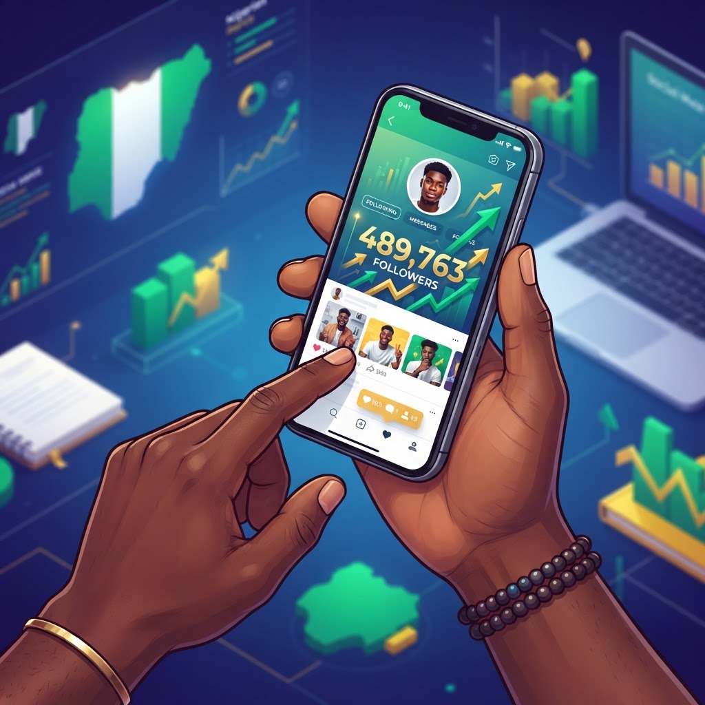 A young Nigerian entrepreneur working on a smartphone in a modern cafe