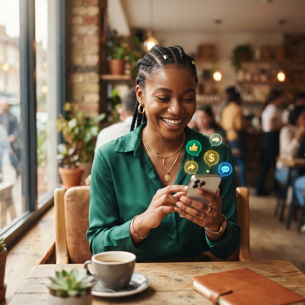 Young Nigerian female entrepreneur smiling while managing orders on her smartphone