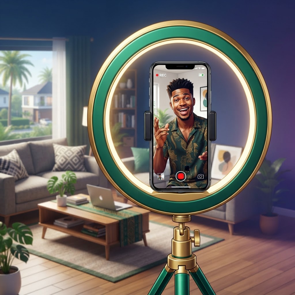 A young Nigerian creator filming a Reel with a ring light