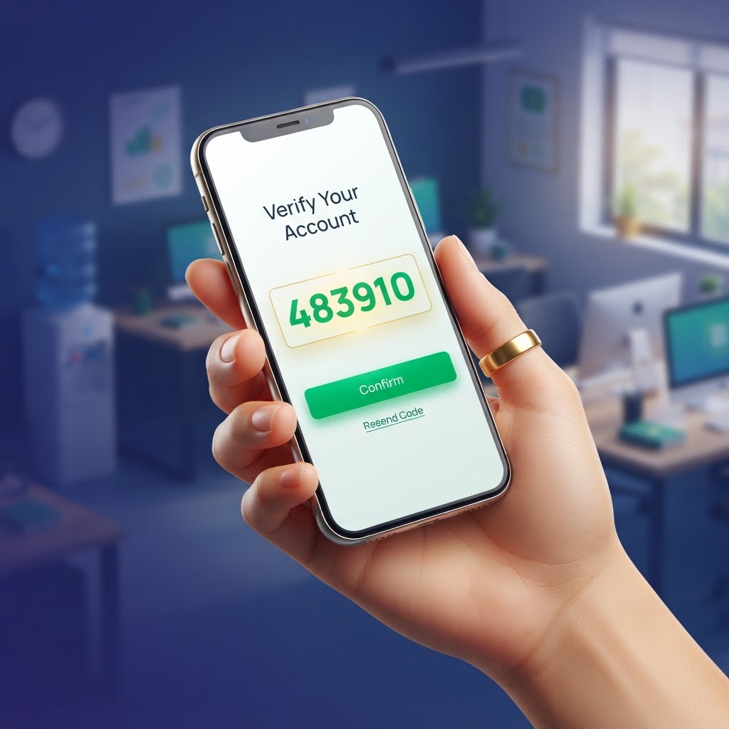 A close-up of a smartphone screen showing a successful SMS verification code arriving on a digital dashboard