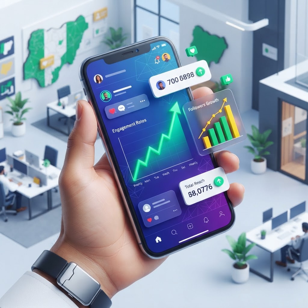 A vibrant workspace with a smartphone showing social media analytics