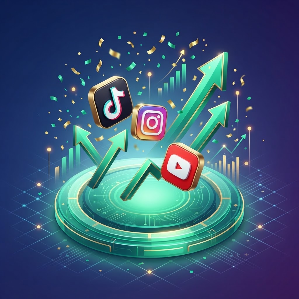 A vibrant digital dashboard showing upward growth arrows and social media icons like TikTok and Instagram