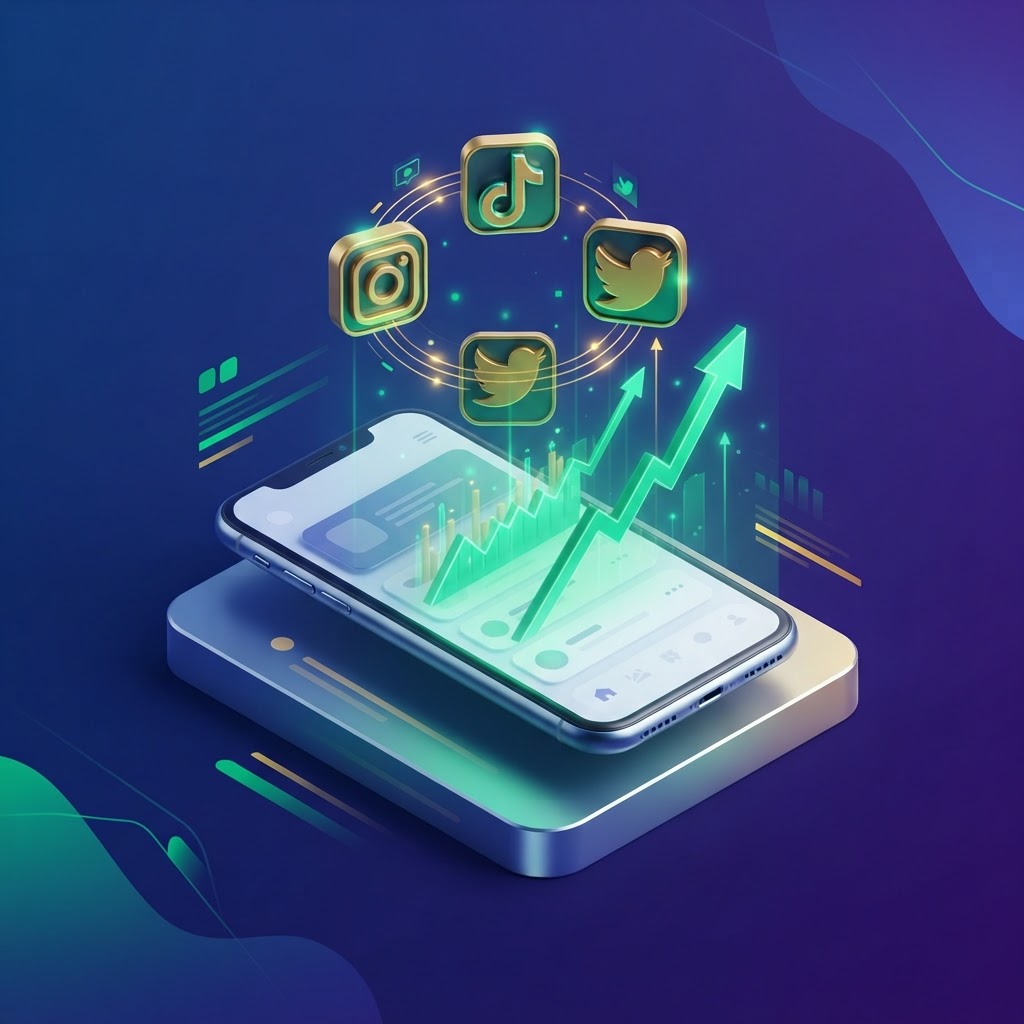 A collage of social media profile icons with rising growth charts