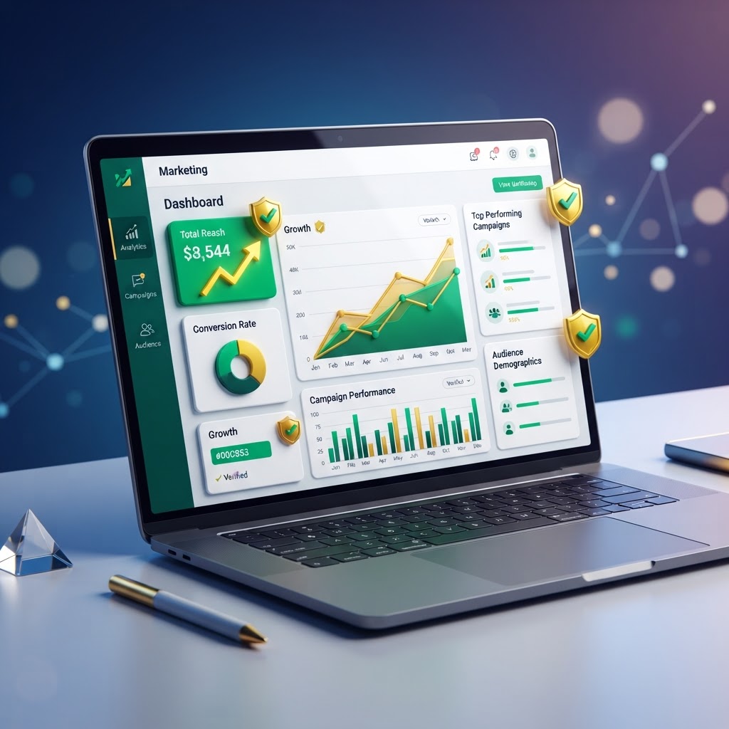A digital marketing dashboard showing growth metrics and account verification status