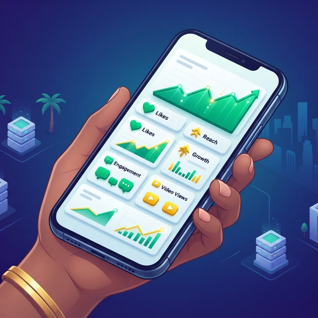 Digital marketing dashboard showing growth metrics on a smartphone