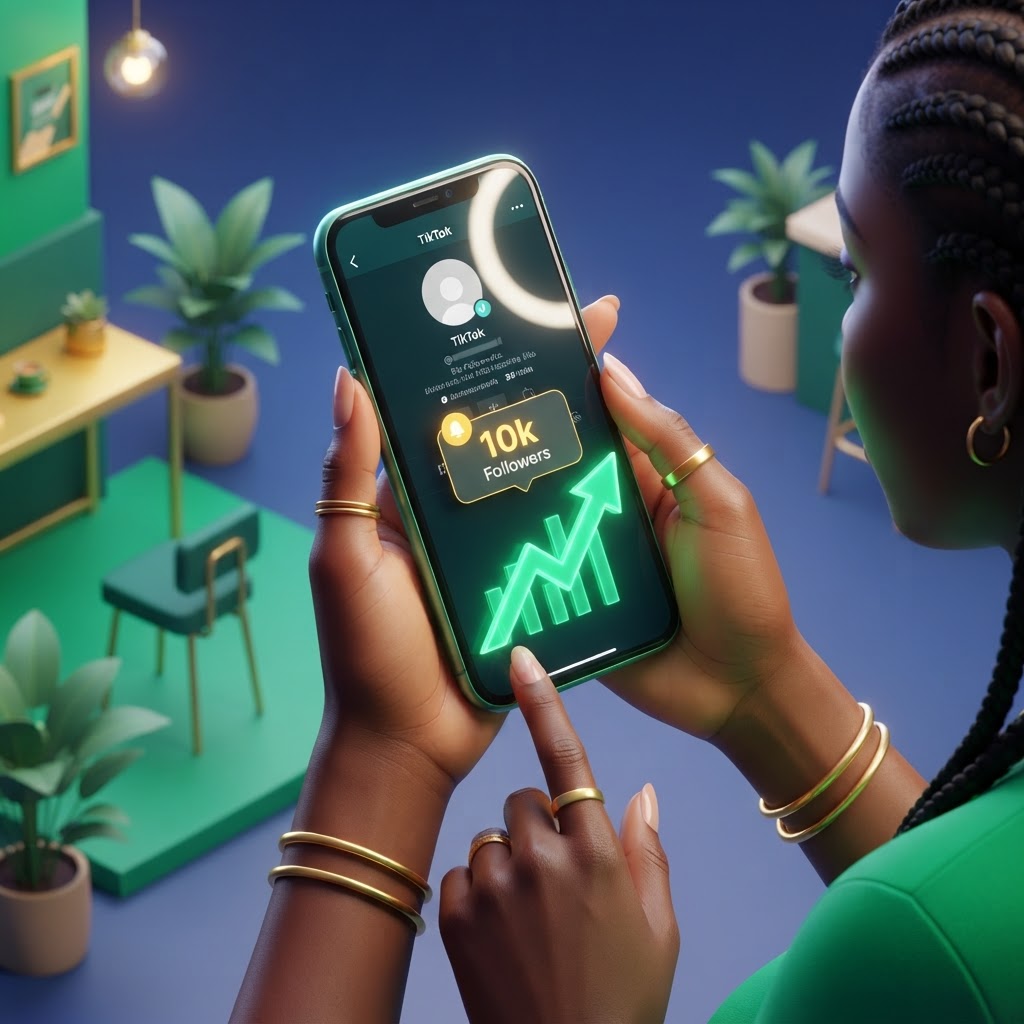 A young Nigerian woman smiling at her smartphone while holding a ring light, showing high engagement on her screen