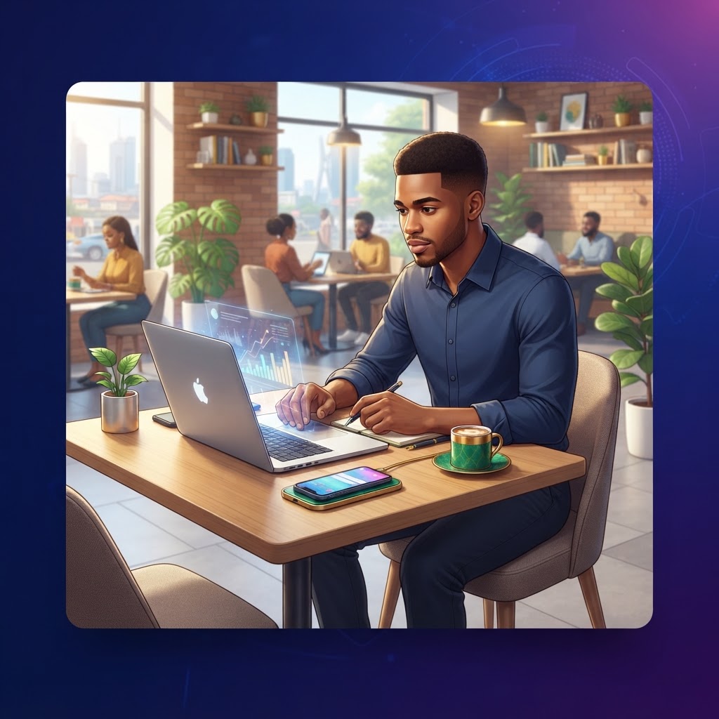 A young Nigerian entrepreneur working on a laptop in a modern cafe