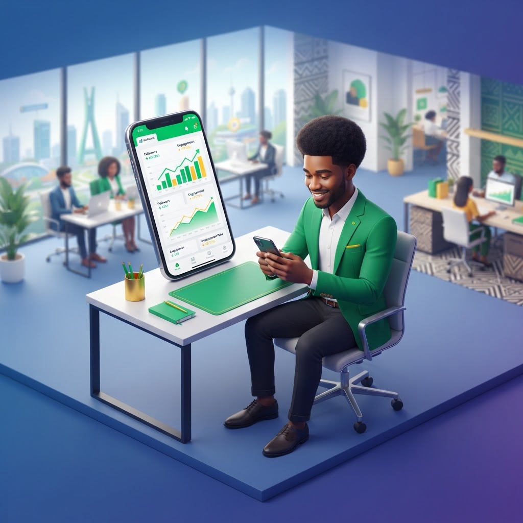 A young Nigerian entrepreneur checking social media analytics on a smartphone