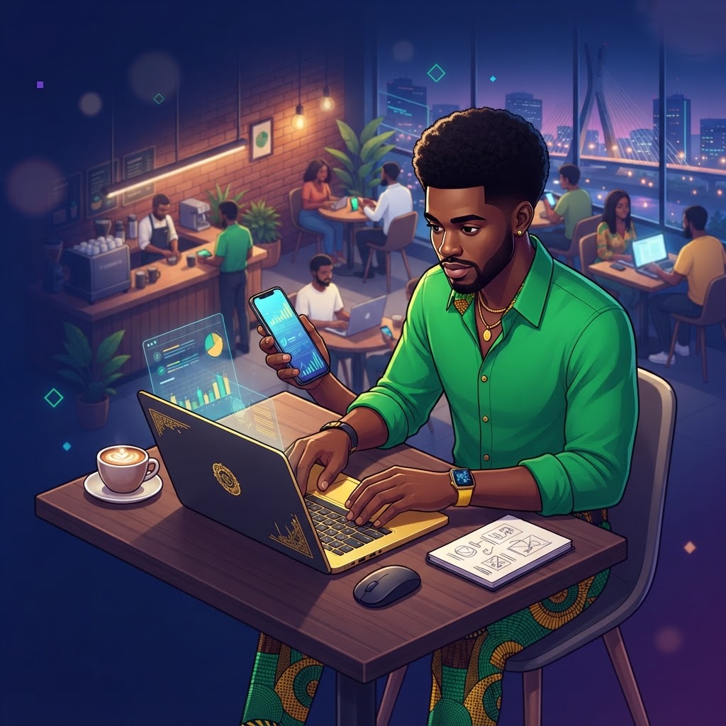 A young Nigerian entrepreneur working on a laptop in a modern cafe