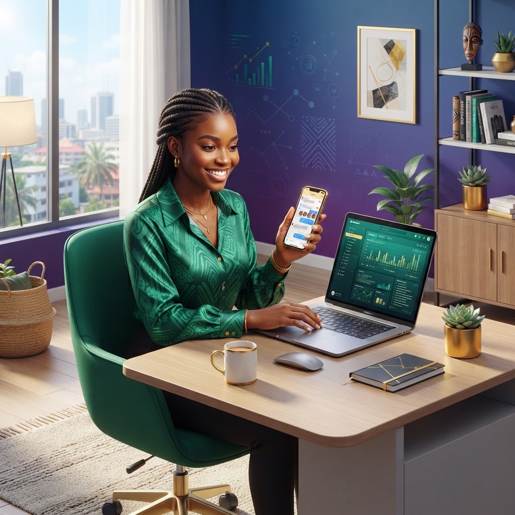 A young Nigerian digital creator working on a laptop and smartphone in a stylish Lagos home office