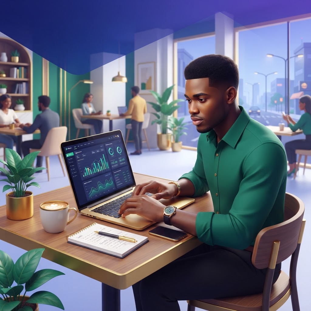 A young Nigerian entrepreneur working on a laptop in a bright, modern cafe setting