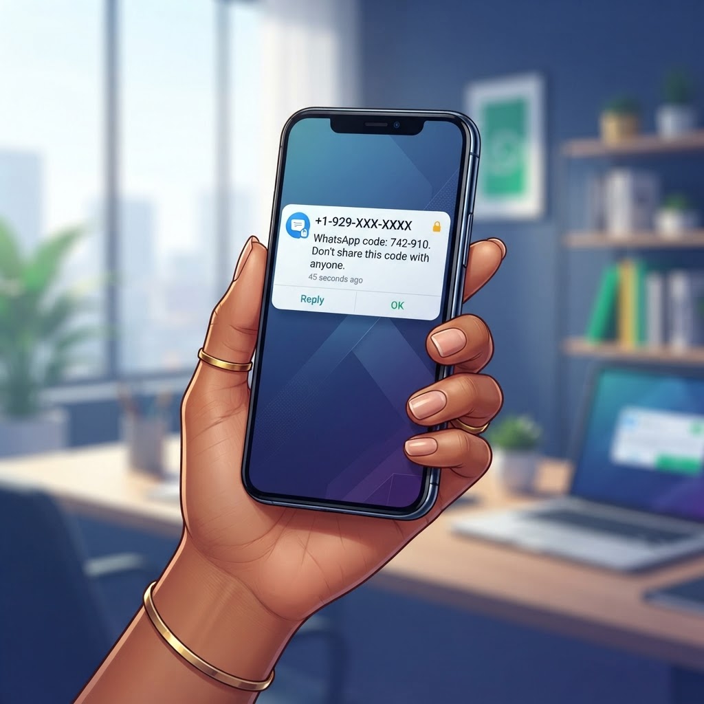 A smartphone displaying a foreign SMS verification code arriving instantly