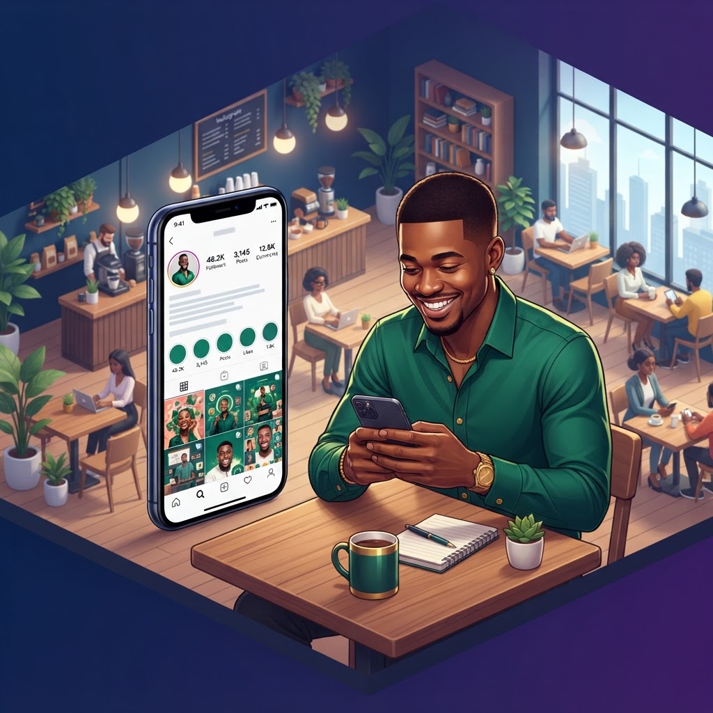 A Nigerian creator using a smartphone to manage social media growth