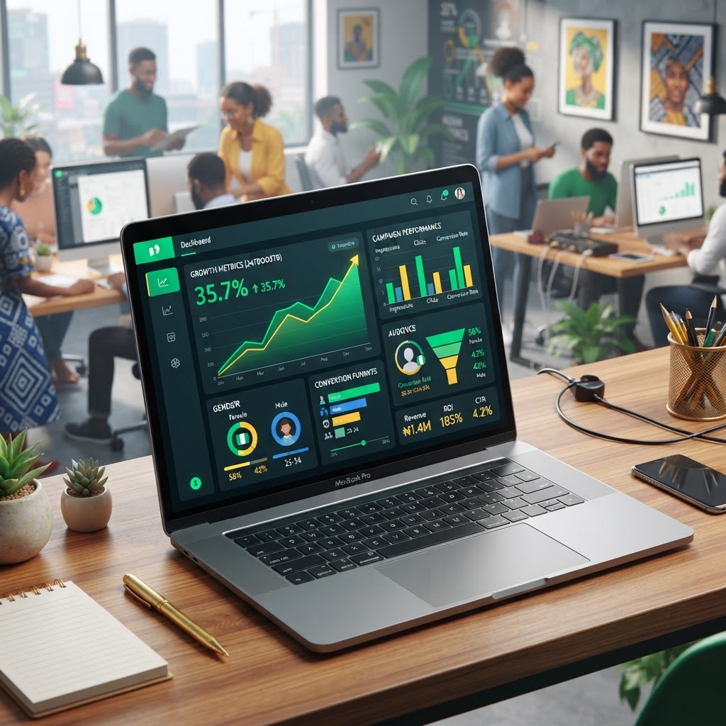 A digital marketing dashboard showing growth charts