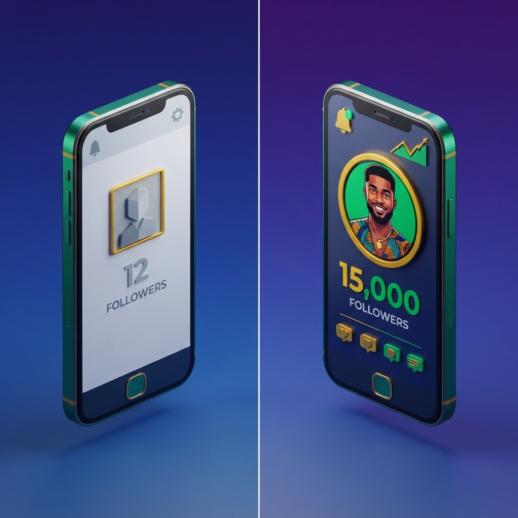 A split screen showing a social media profile before and after a significant growth boost