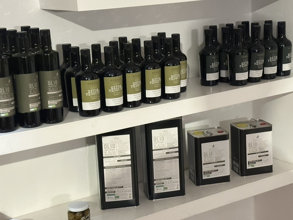 Olive oil bottles and tins lined up on white supermarket shelves
