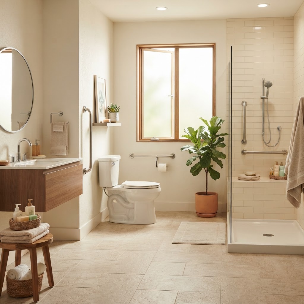 Accessible senior-friendly bathroom with grab bars and walk-in shower