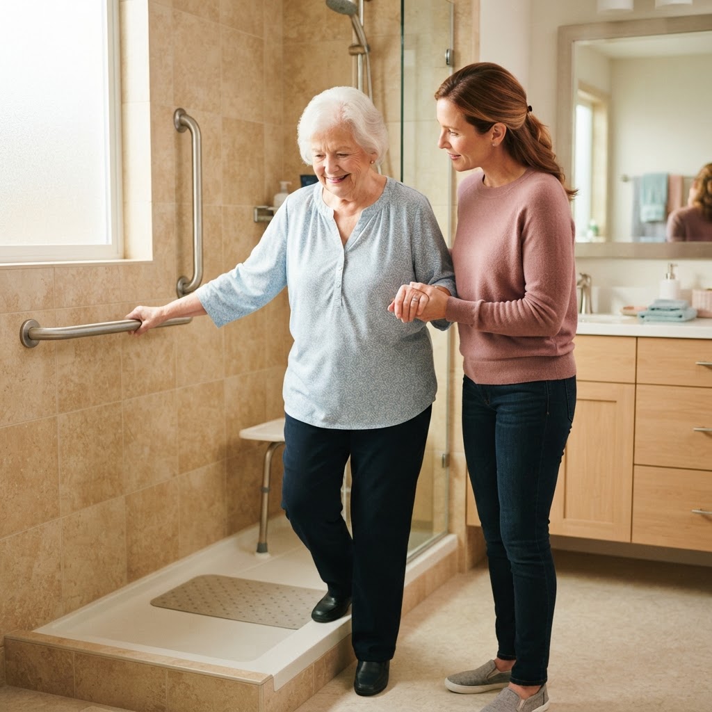 Caregiver helping an older adult in a modified bathroom