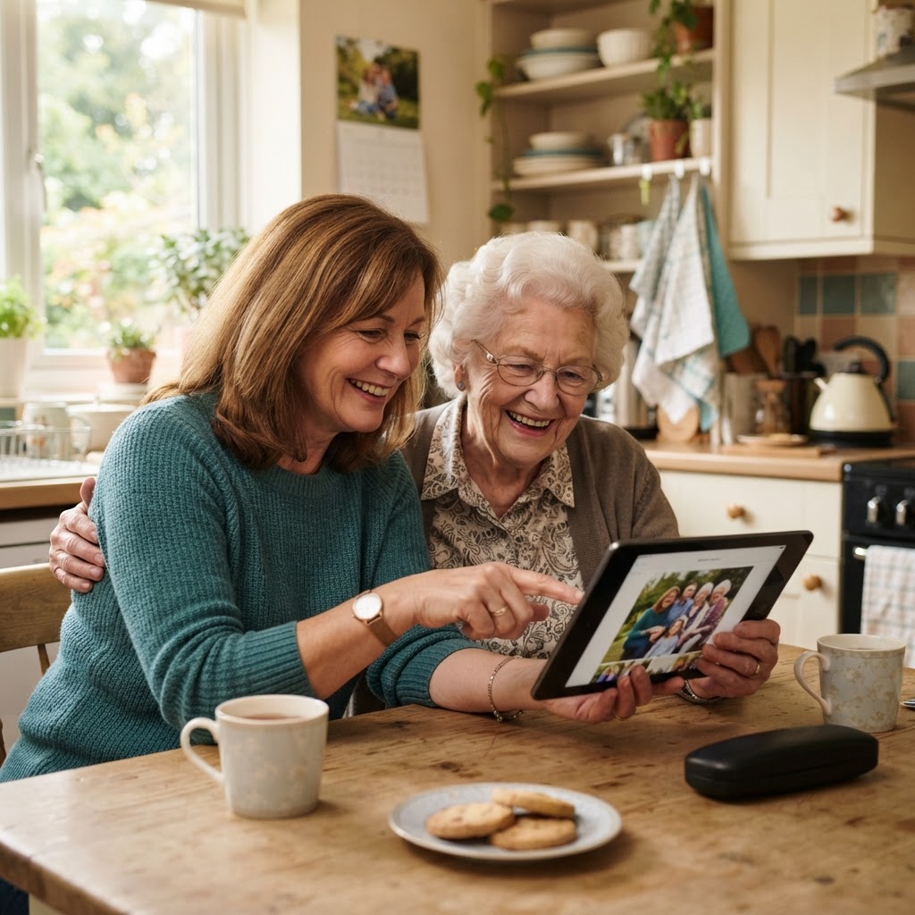 Caregiver helping older adult use a tablet at home