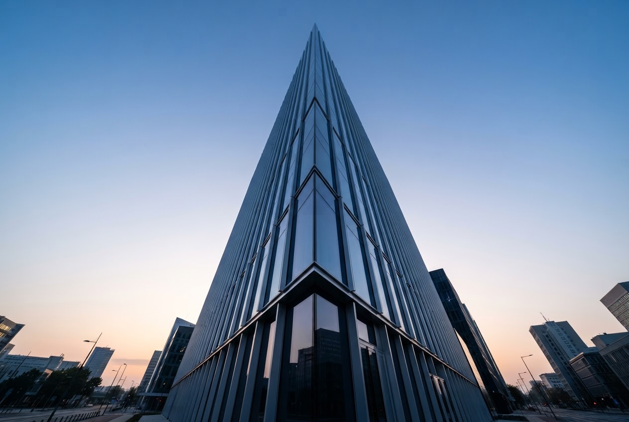 Modern glass skyscraper reaching toward a clear dawn sky