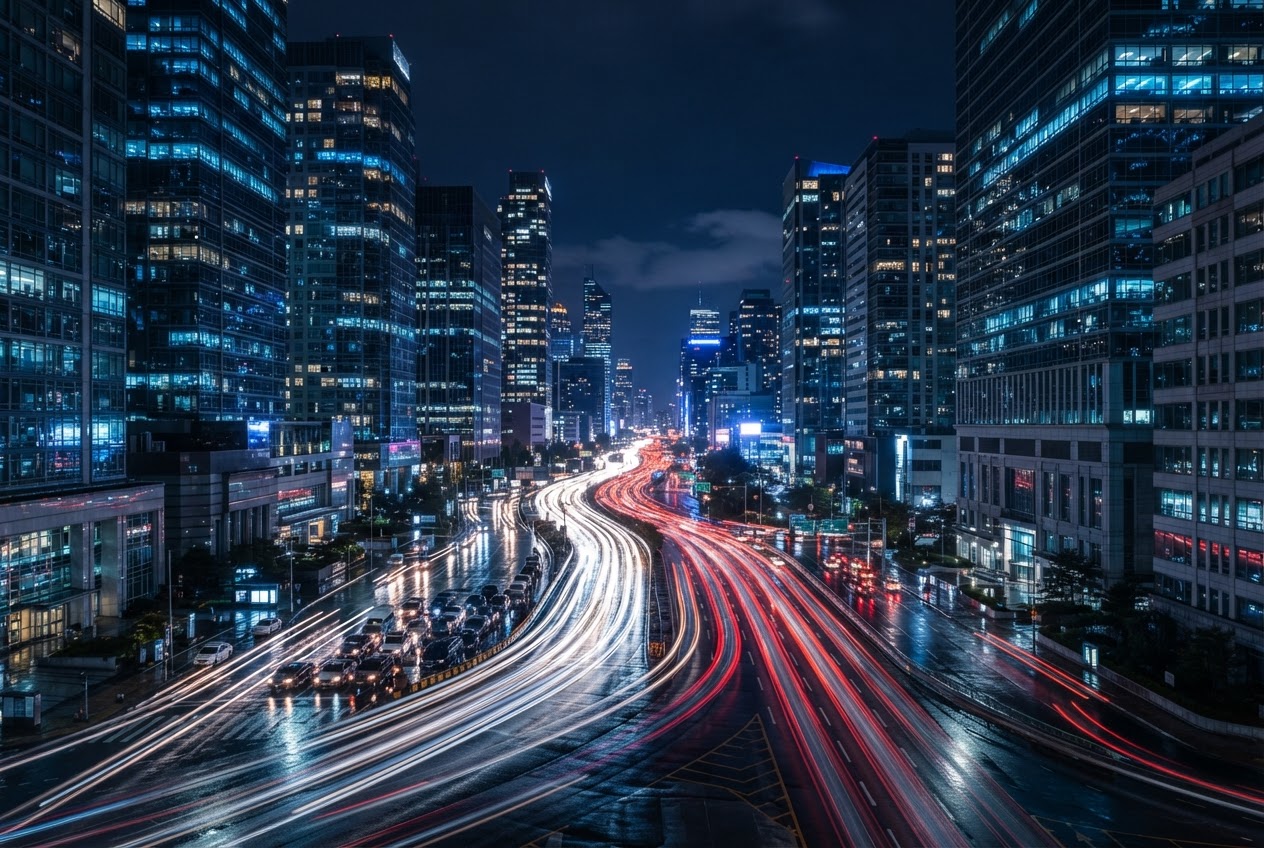 City traffic light trails symbolizing social media connectivity and flow