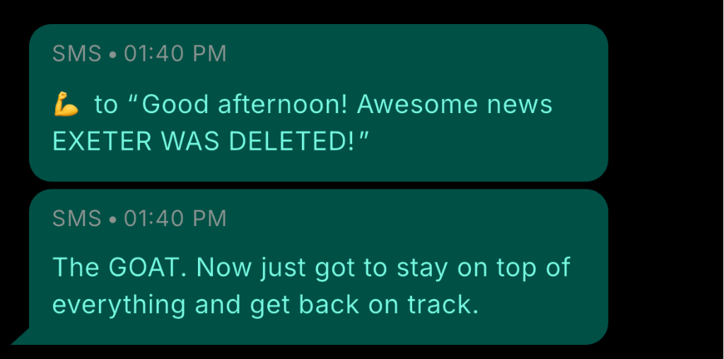 Client text message about deleted account