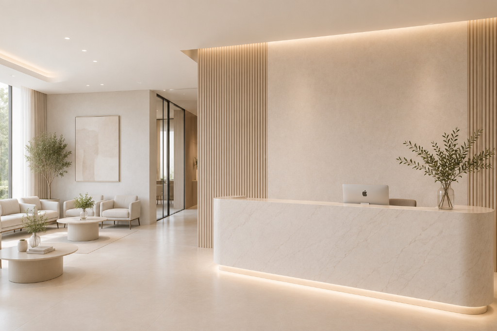 Modern minimalist corporate reception area with cream marble desk, warm wood paneling, and upholstered seating
