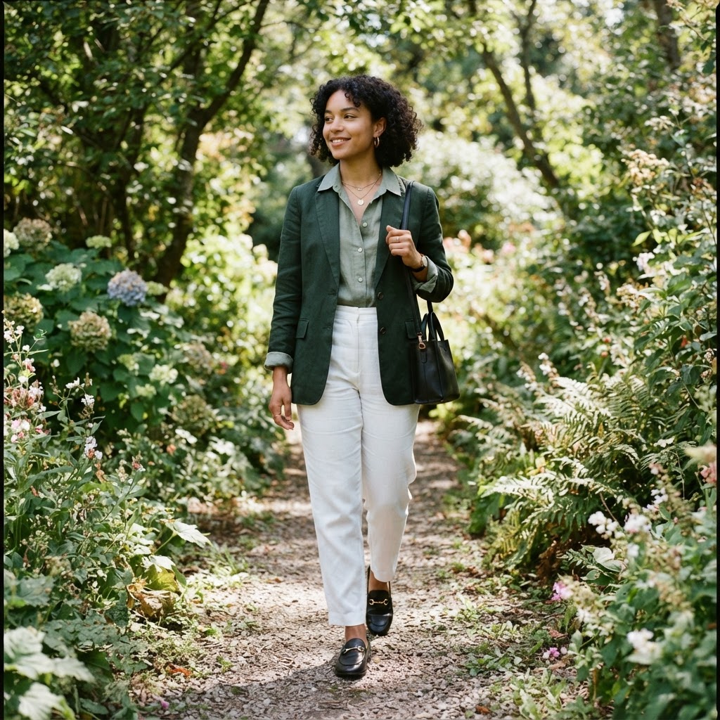 Woman in dark green blazer and sage shirt with white trousers, aromantic pride inspired outfit