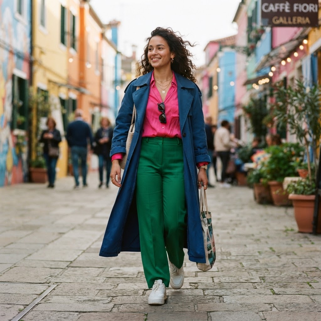 Woman in pink blouse, green trousers and blue trench, polysexual pride inspired outfit