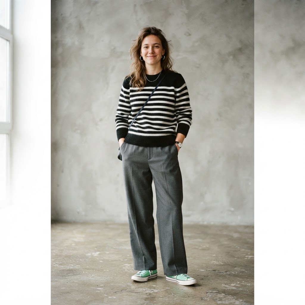 Woman in black and white striped sweater with grey trousers and mint sneakers, agender pride inspired outfit
