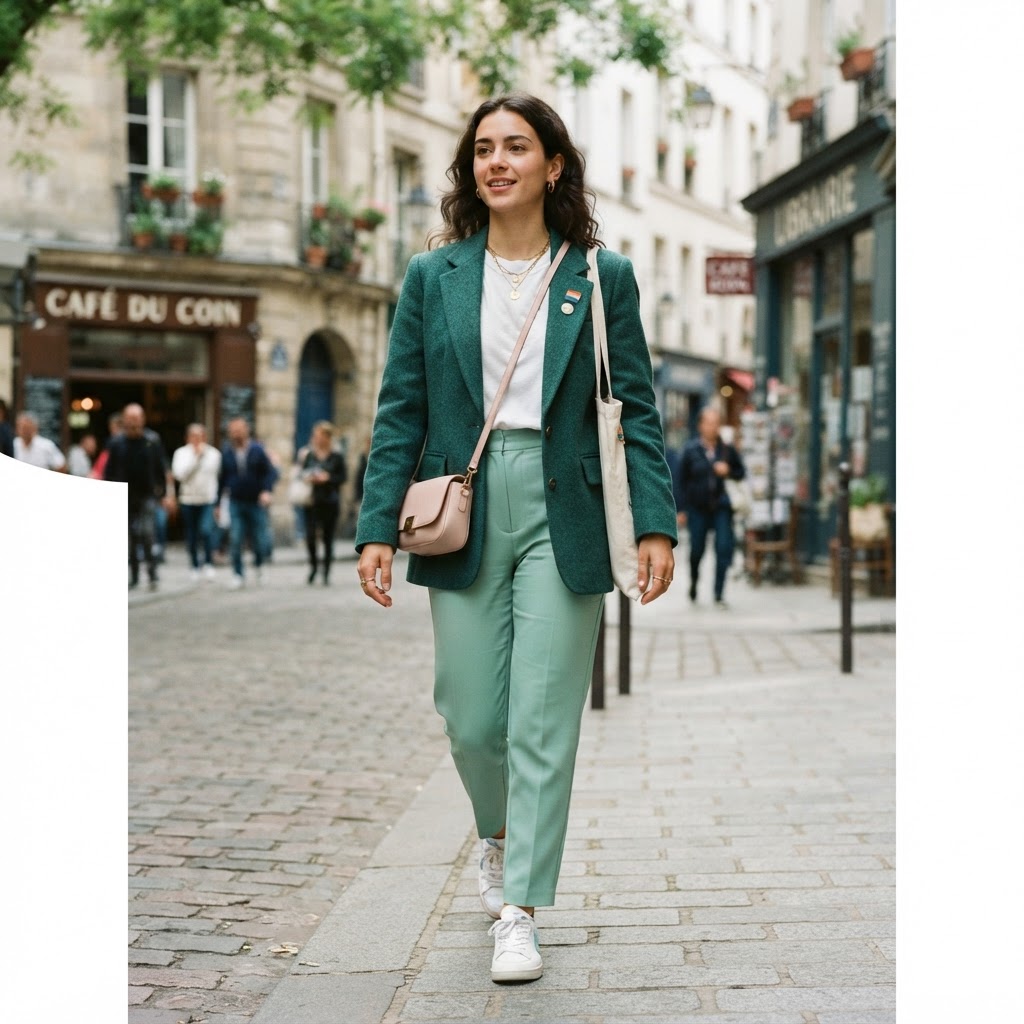 Woman in teal blazer and mint trousers with pink and blue accents, MLM gay pride inspired outfit
