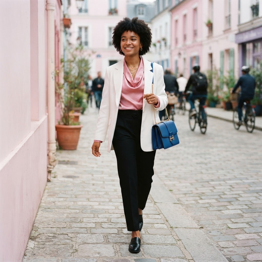 Woman in pink satin blouse, white blazer and black trousers, genderfluid pride inspired outfit