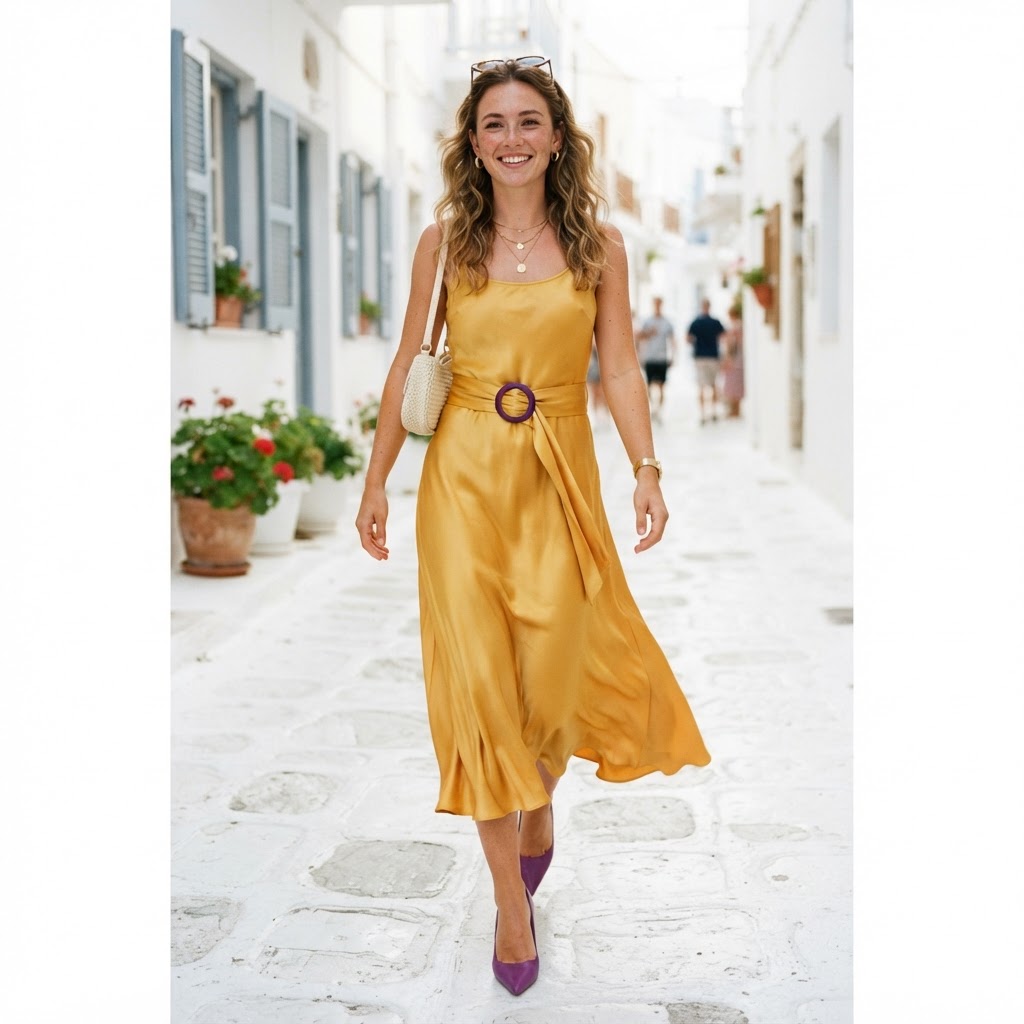 Woman in golden yellow dress with purple belt and heels, intersex pride inspired outfit