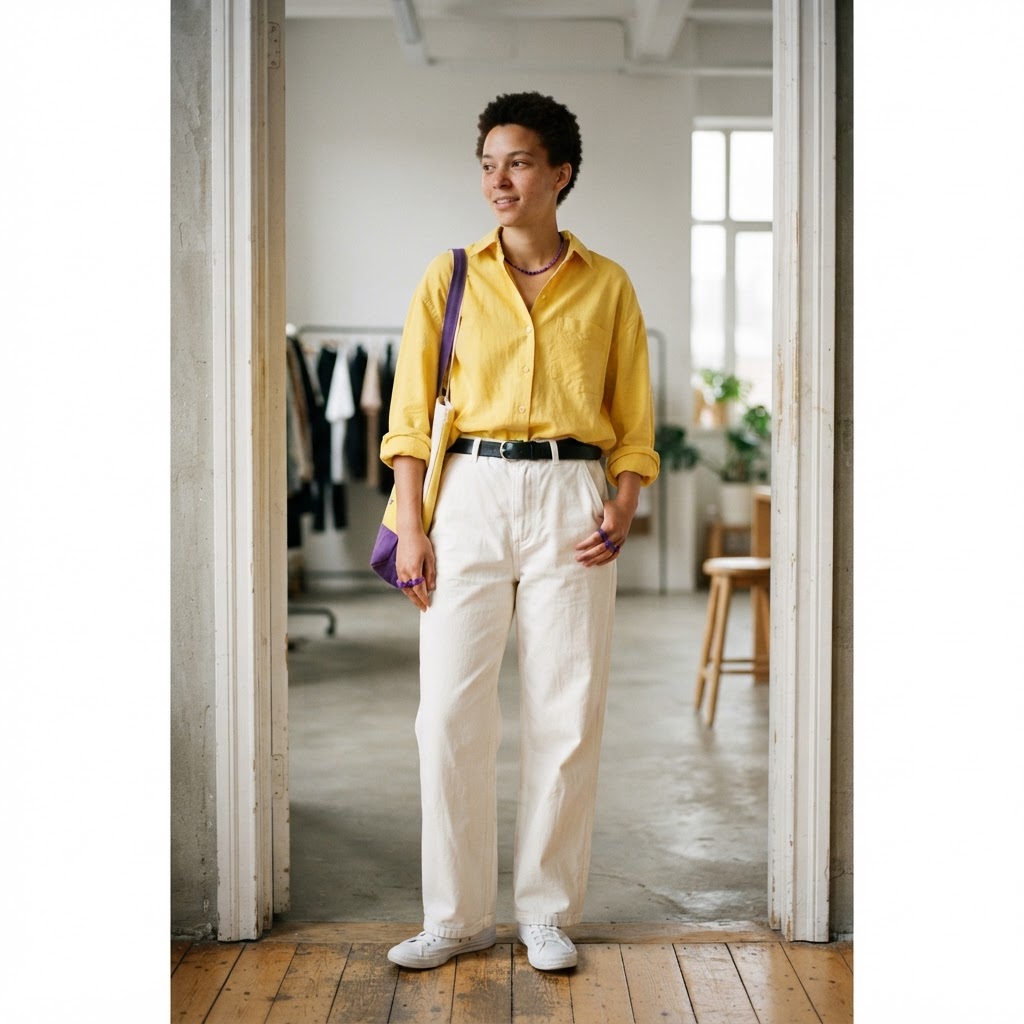 Woman in bright yellow shirt and white trousers with purple accents, non-binary pride inspired outfit