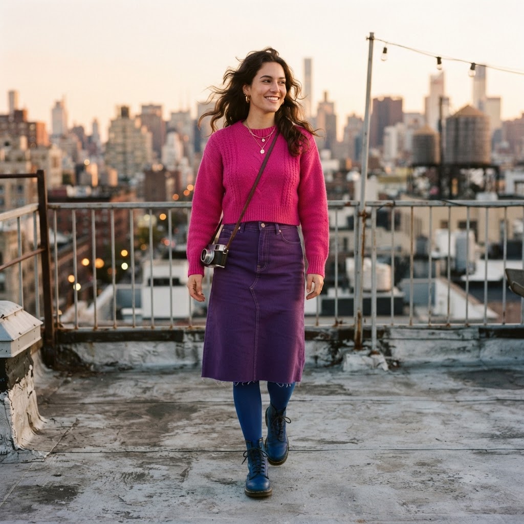 Woman in magenta sweater, purple skirt and blue boots, a bisexual pride inspired outfit