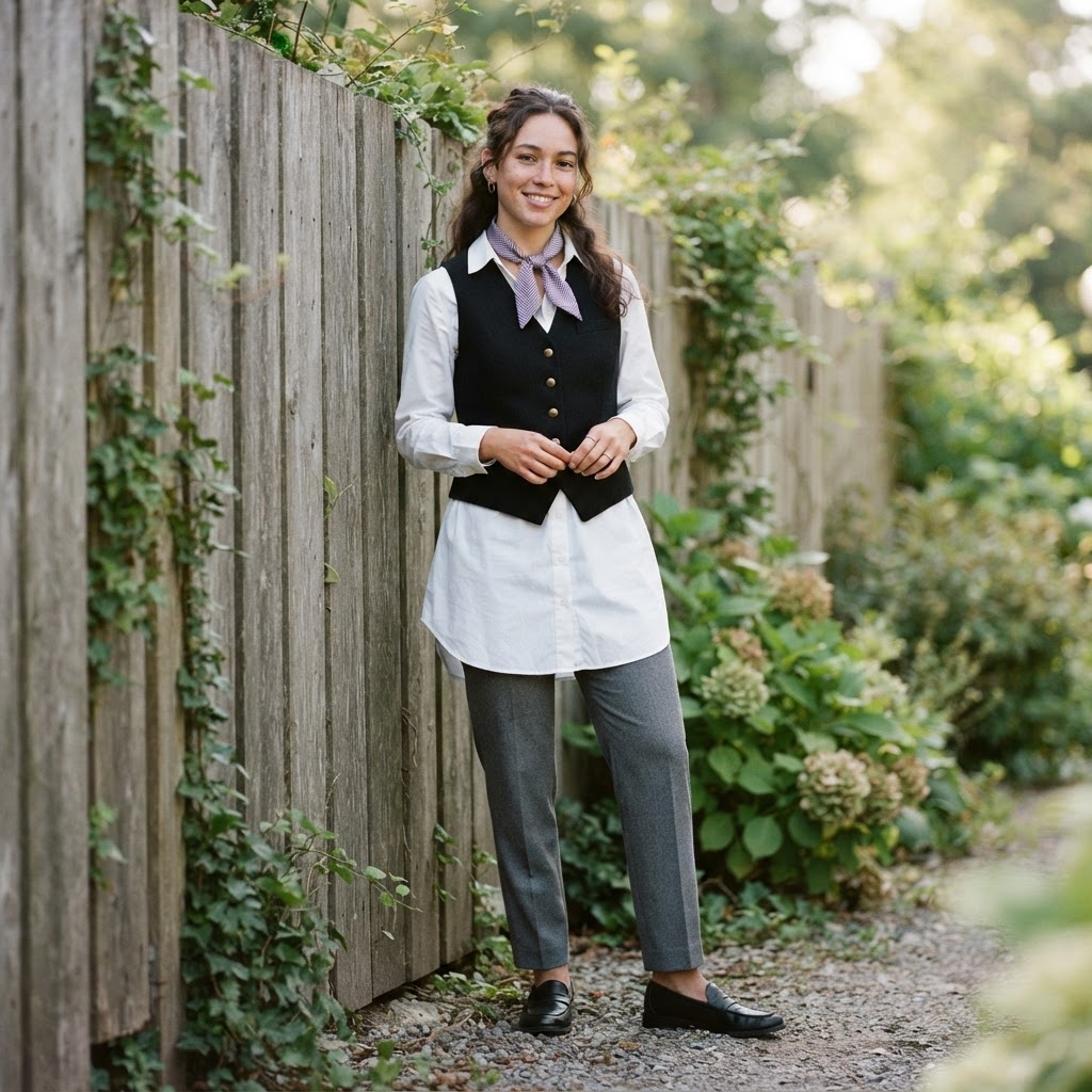 Woman in white shirt dress and black waistcoat with grey trousers, demisexual pride inspired outfit
